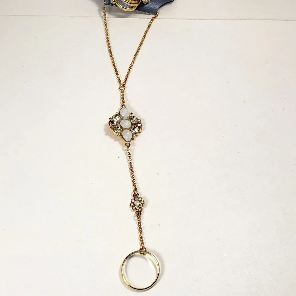 Vintage Gold Chain Necklace with 4 Rings & Pearl Crystal Pendant -  Bracelet